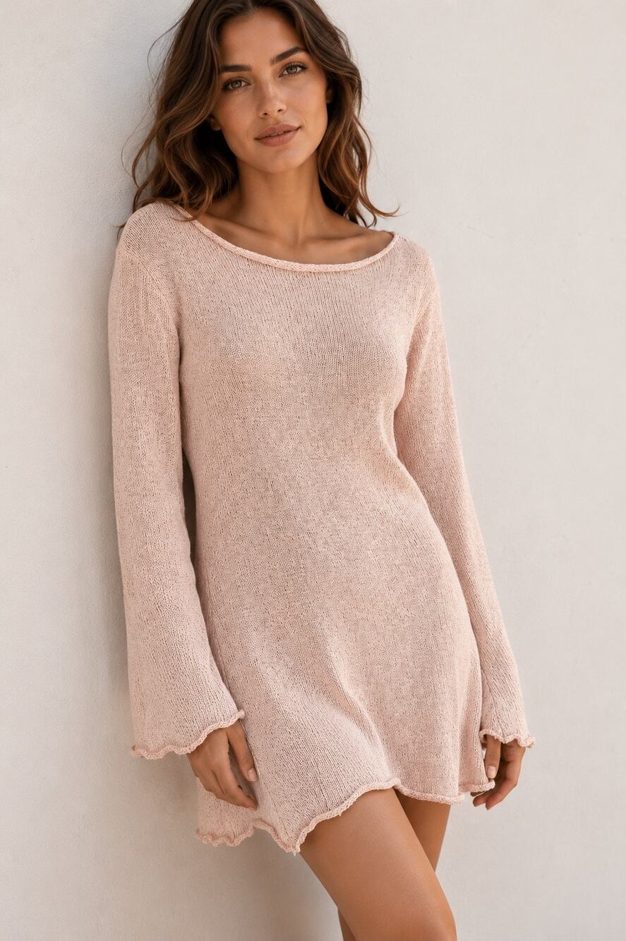 Boho Beachy Knit Asymmetric Sweater Dress Bell Sleeve Coastal Soft Girl Peach M